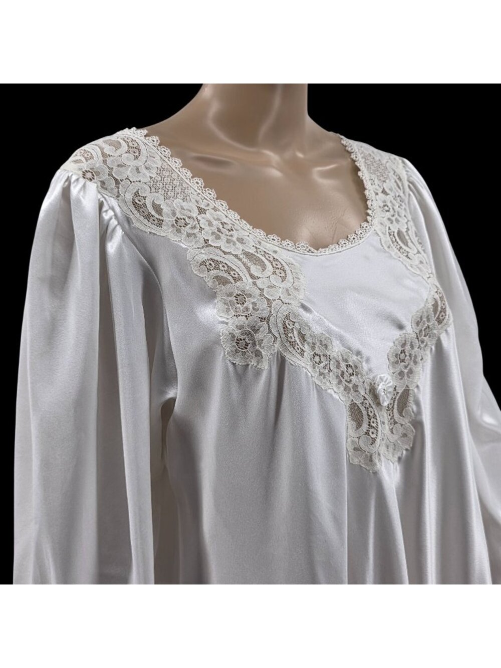 Christian Dior White Long-Sleeve Nightgown With Lace Details & Button Accent